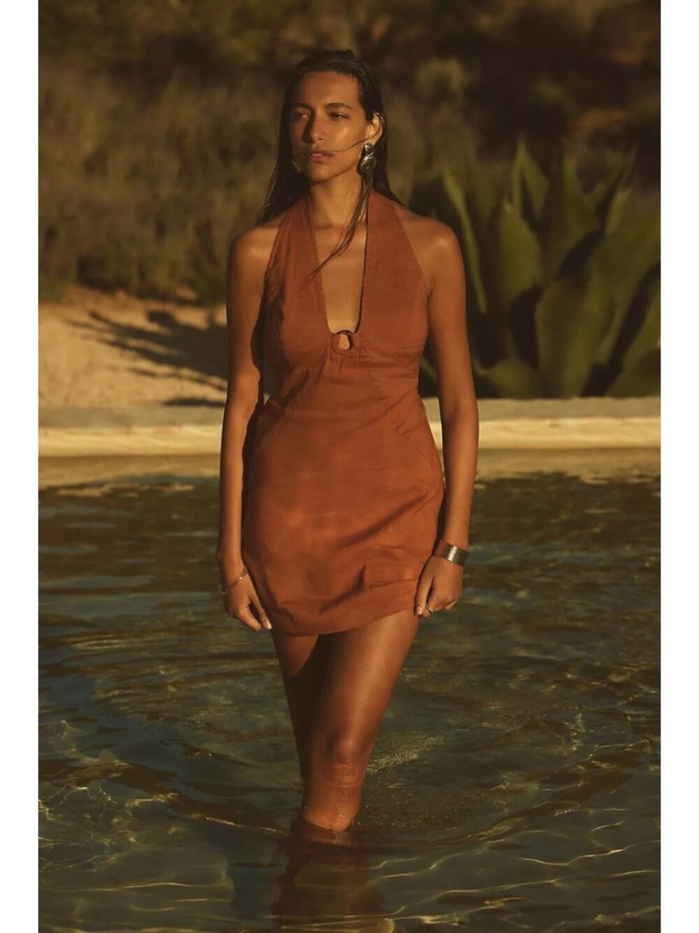 NWT Maeve Anthro Halter Mini Dress Brown Strappy Back Keyhole Festival Size 2